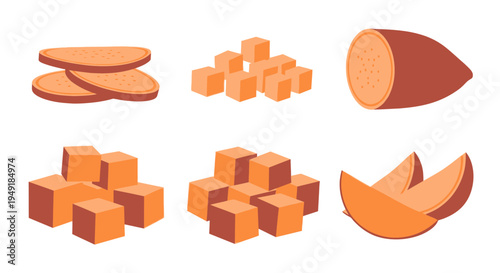 Sweet Potato Food Slices Cubes and Whole Flat Design Vector