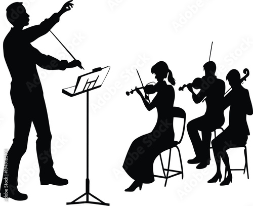 Orchestra musicians playing instruments in dynamic poses Isolated on white background