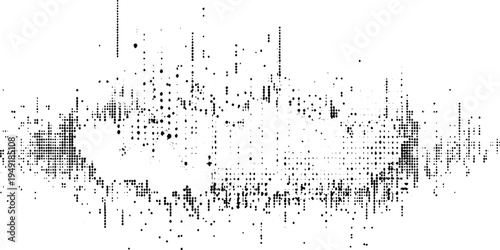 Extreme close-up of scattered black ink specks and faint diagonal hatch marks printed on white paper, grunge texture.