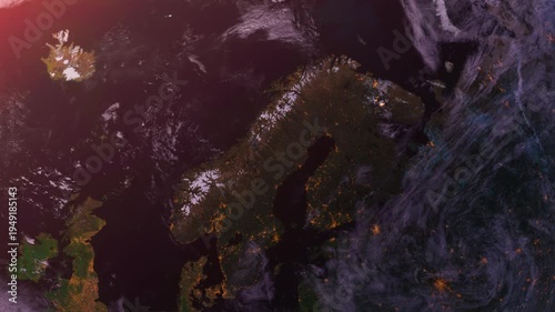 Norway Zoom in From Space at Sunset. Scandinavia and Northern Europe. Planet Earth. Globe
