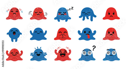 Cute Cartoon Monsters Expressing Various Emotions, Flat Design