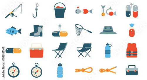Flat Design Fishing Icons Set: Rod, Fish, Boots, Hat, Vest, Tackle Box