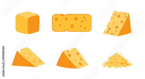 Flat Vector Icons of Various Cheese Types, Food Icons