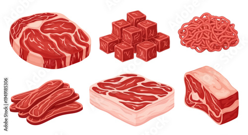 Assorted Raw Meat Cuts Vector - Flat Illustration Food Ingredient