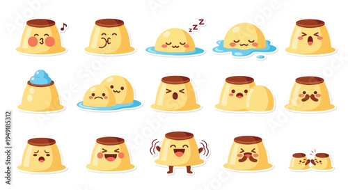 Cute Pudding Stickers with Happy  Sad Emoticons, Food Art