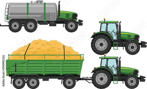 Green Agricultural Tractors and Heavy Duty Farm Machinery Set Including Water Tanker Truck and Trailer Loaded With Hay For Harvesting