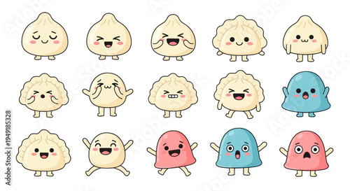 Cute Dumpling Characters - Kawaii Food Icons, Flat Design