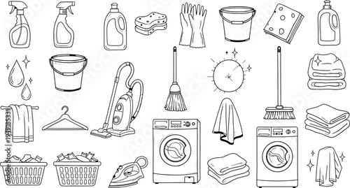 A collection of laundry and cleaning items isolated on transparent background