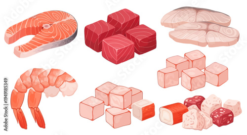 Fresh Raw Seafood and Fish Cubes Vector Illustration