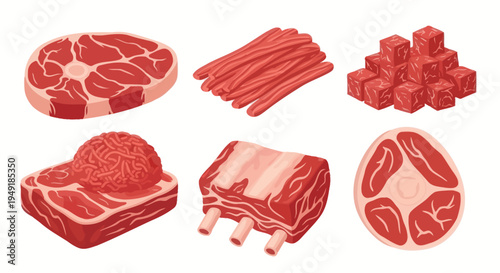 Delicious Raw Meat Cuts Assortment Vector Illustration, Food Art Style