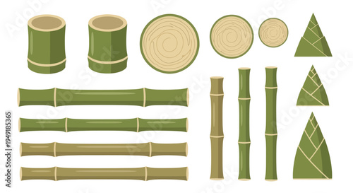 Flat Green Bamboo Elements: Stalks, Slices, and Zongzi Wrappers