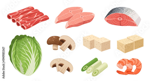 Fresh Food Ingredients For Hot Pot: Meat, Fish, Vegetables, Tofu, Shrimp
