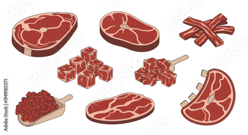 Vector Illustration of Raw Meat Cuts and Cubes in Flat Style