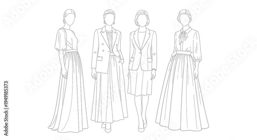 Fashion illustration: women's elegant outfits, line art, vector