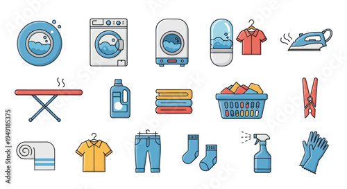 Flat Icons of Laundry and Cleaning Supplies for Home