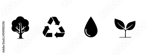 Set of Minimalist Silhouette Icons for Sustainability, Nature, and Environmental Protection