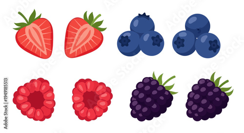 Collection of Fresh Berries: Strawberries, Blueberries, Raspberries, Blackberries