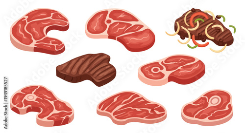 Vector Flat Style Raw and Cooked Beef Steaks Collection