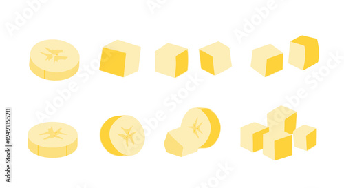 Flat Design Sliced Banana Pieces and Cubes Icon Set