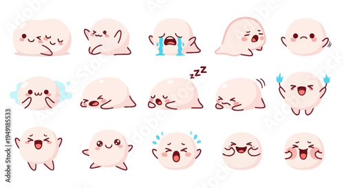 Cute Round Characters Expressing Emotions, Vector Flat Art Style