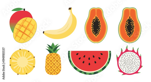 Flat Design Tropical Fruits Collection - Mango, Banana, Papaya, Pineapple, Watermelon, Dragon Fruit