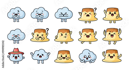 Cute Cartoon Pudding and Cloud Characters with Various Expressions