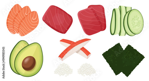 Sushi Ingredients Flat Vector Set - Salmon, Tuna, Avocado, Cucumber, Nori, Crab Sticks