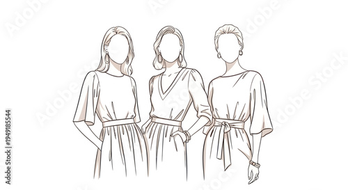 Fashion Illustration of Three Women in Dresses