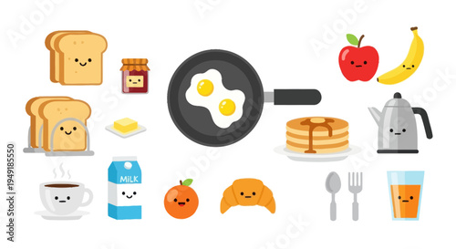 Cute Kawaii Breakfast Food Icons - Toast, Eggs, Pancakes, Fruit, Coffee