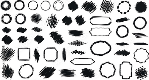 A collection of various black ink brush strokes and shapes isolated on transparent background