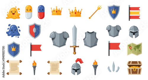 Flat Vector Medieval Knight Armor, Sword, Shield, Crown, Map Icons