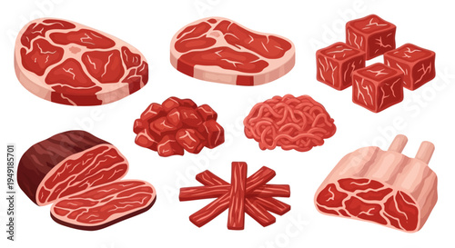 Diverse Raw Meat Cuts Vector Icons - Food Butcher Industry Style