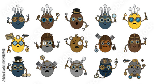 Steampunk Potato Characters with Gears, Goggles, and Tools Vector Art