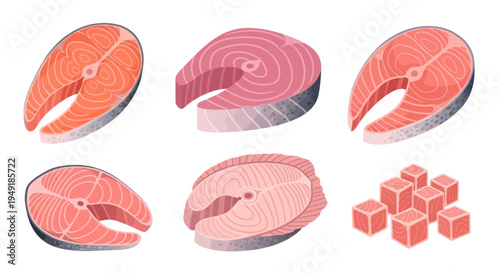 Fresh Salmon Fish Cuts Steak Cubes Raw Food Vector Art