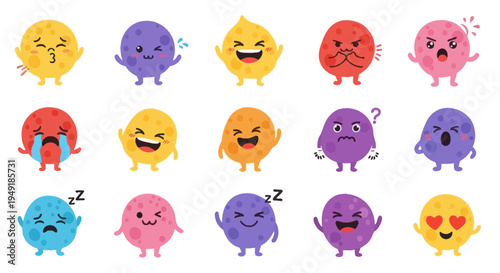 Cute Cartoon Monsters Emoticons with Different Emotions on White Background