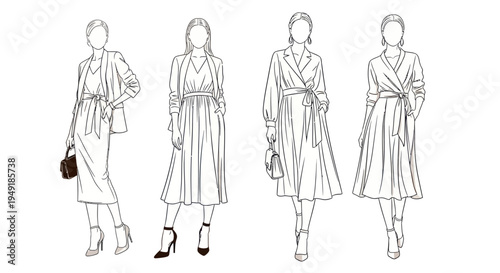 Fashion design black and white line art sketch of women in dresses