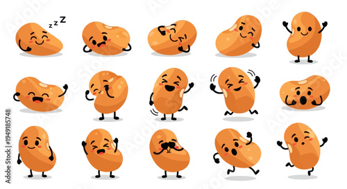 Cute Cartoon Bean Characters with Various Emotions and Actions