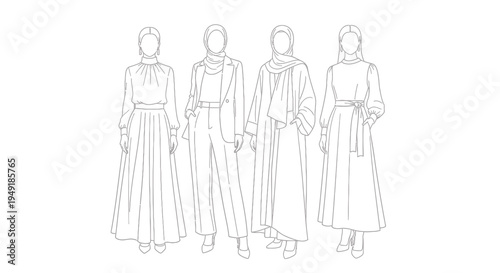 Fashion illustration: Four women in elegant Islamic modest dresses and hijab