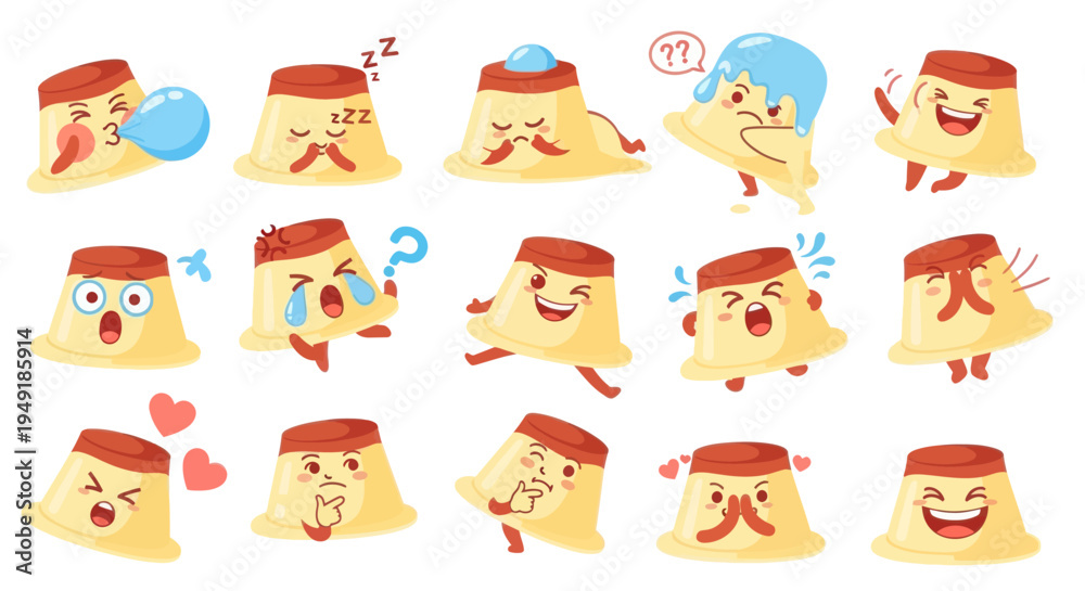Fototapeta premium Cute Pudding Characters with Different Emotions and Actions