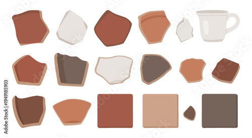 Ceramic Tiles, Pottery Shards, And Coffee Cup Vector Icons