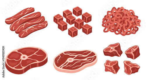Collection of Raw Meat Cuts, Cubes, Minced, and Steaks, Flat Style