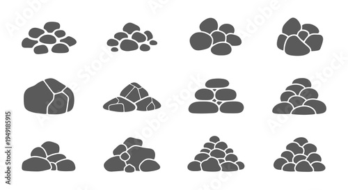 Set of Gray Rocks and Stones Icons, Vector Illustration, Flat Style