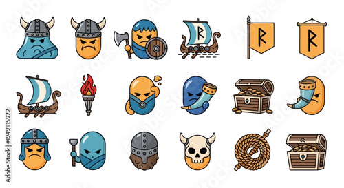 Viking Icons: Flat Design Vector Icons of Warriors, Ships, and Treasures
