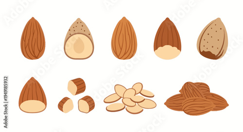Flat vector illustrations of almonds in various forms, healthy food icons