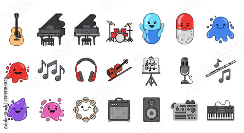 Cute Music Icons - Instruments, Notes, Jelly Characters, and More - Flat Design