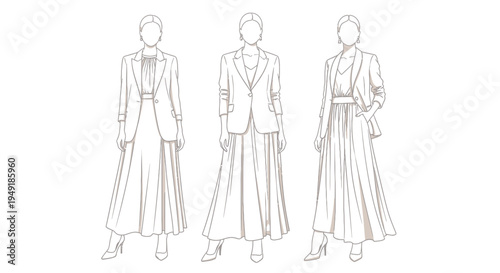 Black and white line art of three women in elegant suits and dresses