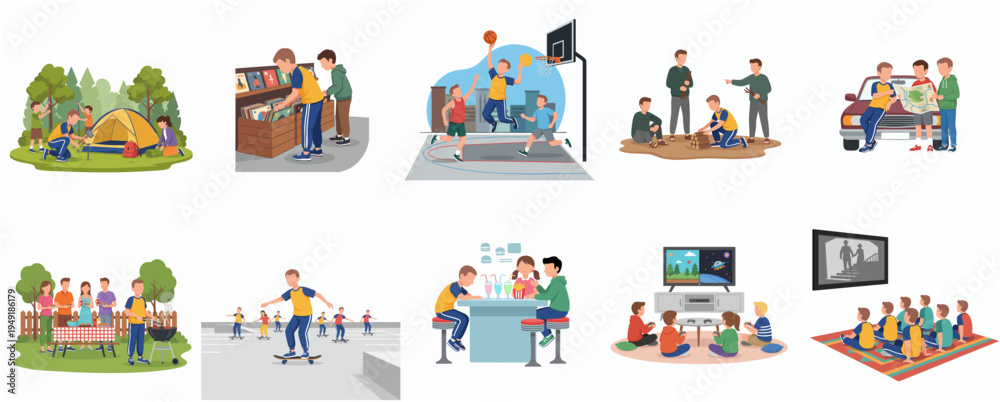 Naklejka premium Flat Illustration Set of Diverse Group Activities with People and Backgrounds