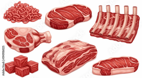 Assortment of Raw Meat Cuts: Ground, Steak, Ribs, Cubes, Roast, and Beef
