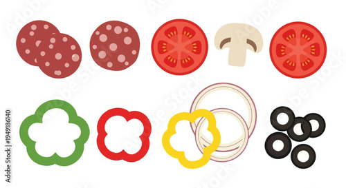 Flat Vector Art Pizza Toppings - Salami, Tomato, Mushroom, Peppers, Onion, Olives