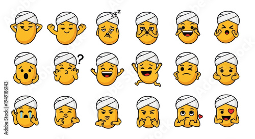 Cartoon Potato Characters with Turban Expressing Emotions, Flat Design